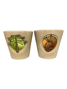 Global Amici Tropical Palm Tree Pineapple Beaded Pottery Votive Candle Holders S